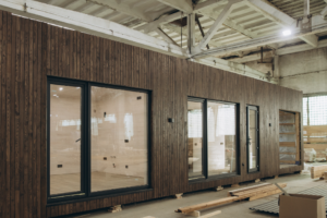 tiny home with a dark brown wood