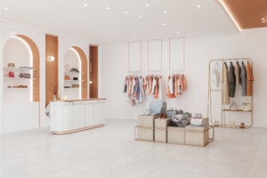 retail store with clothing racks and a white checkout counter
