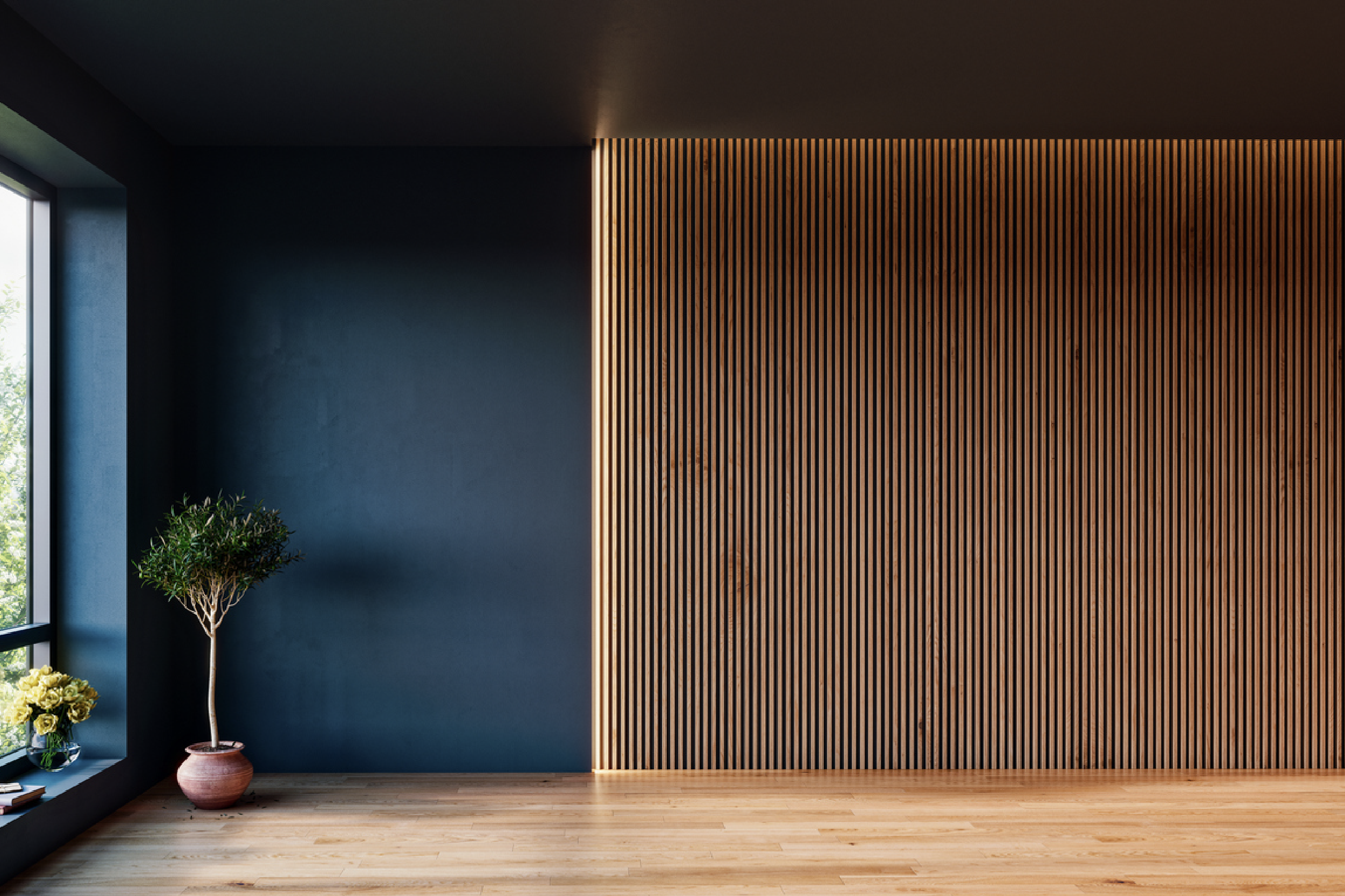 dark navy blue wall with thin wood detailing